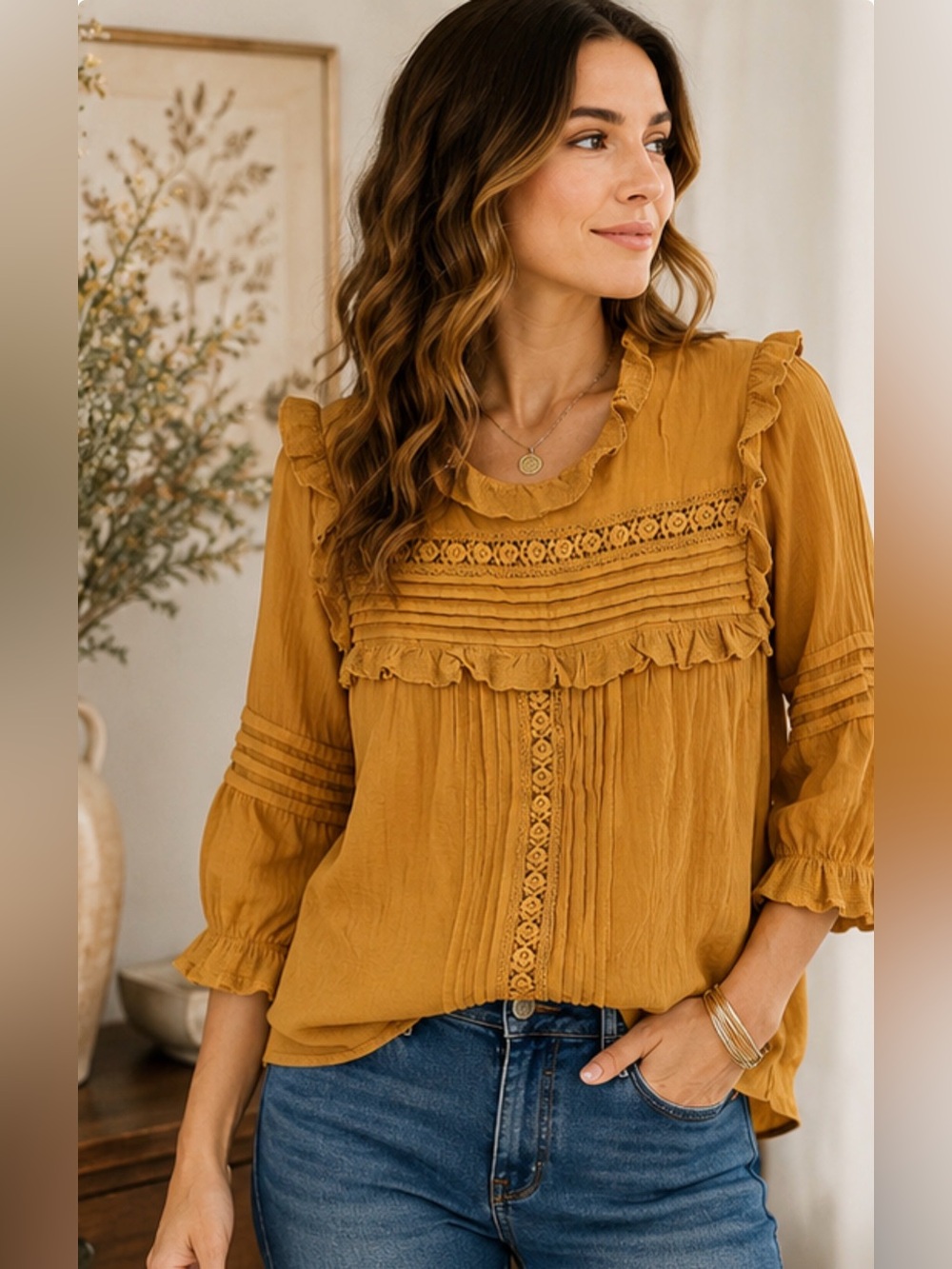 Indigo Thread Co XS Mustard Ruffle Crochet Lace Pintuck Boho Prairie Blouse